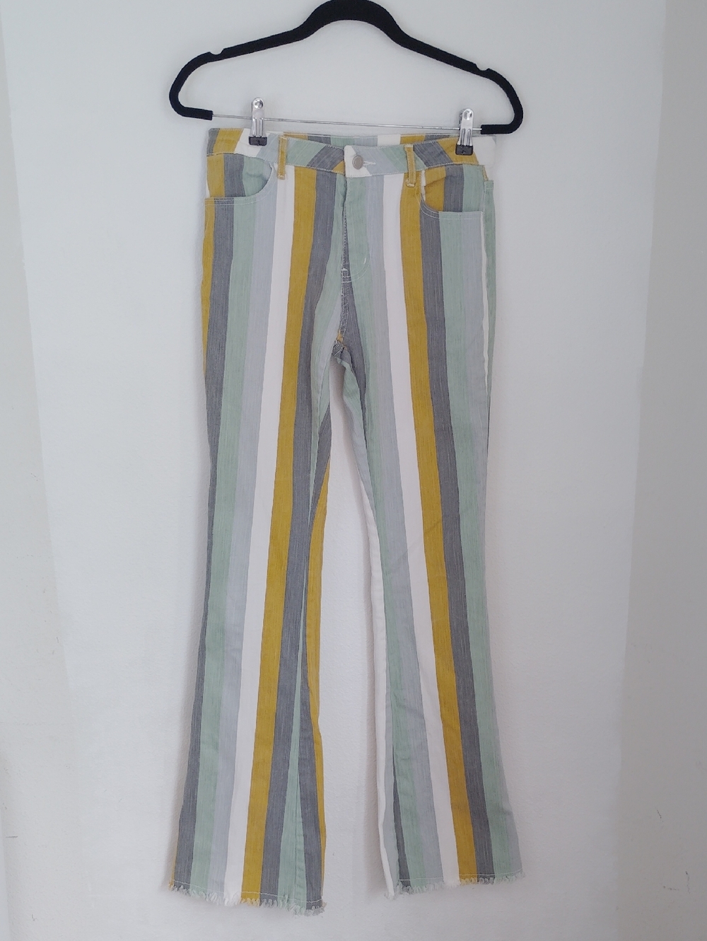 Altar'd State Womens Flare Leg Multicolor Striped Jeans Sz L Retro Boho Raw Hem